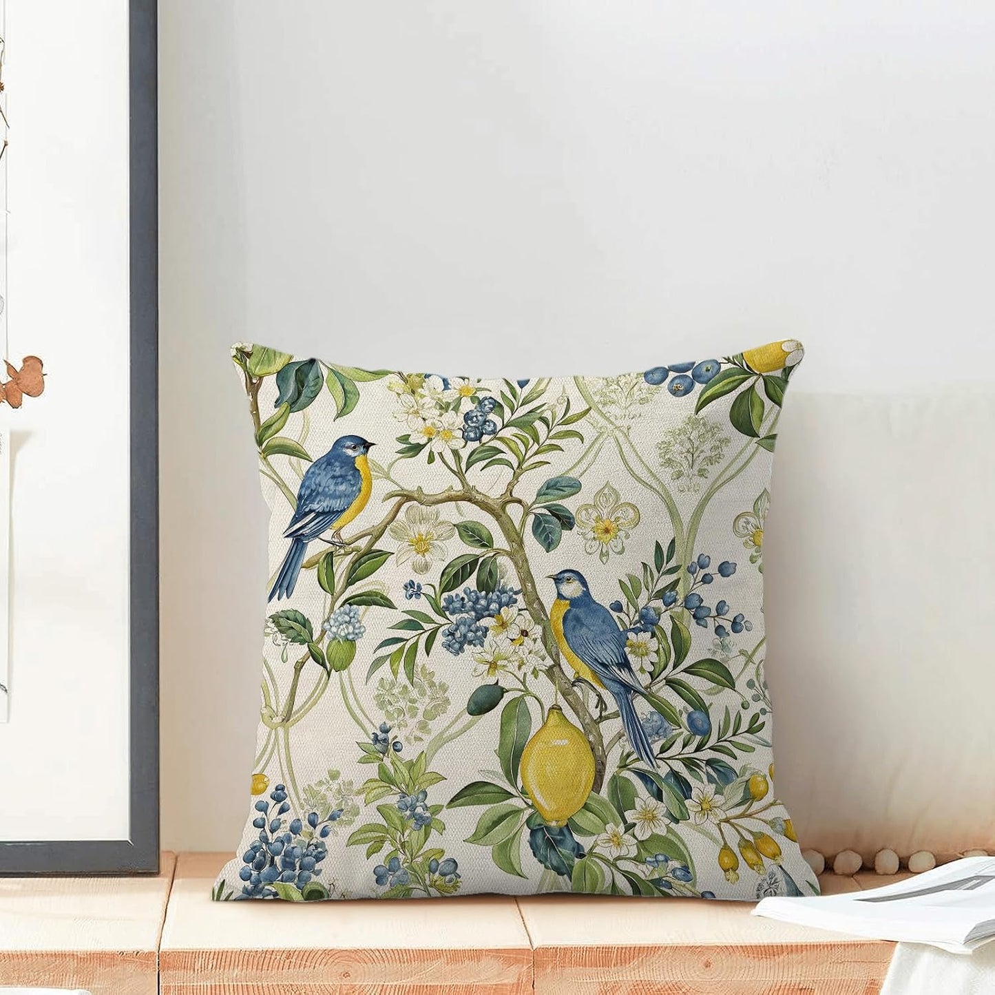 Chinoiserie Blue and Green Floral Bird Pillow Covers 18x18 Set of 2, Yellow Lemon Flower Summer Decorative Throw Pillows Farmhouse Linen Outdoor Cushion Case for Home Couch Sofa Decor