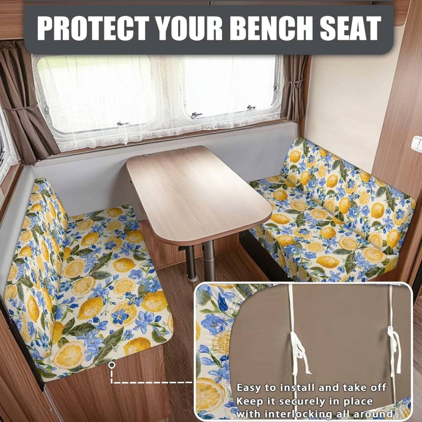 Lemon RV Dinette Cushion Covers, Replacement Camper Cushions Cover, Stretchable Fruit Print RV Dinette Seat Covers, Cushion Slipcovers Yellow