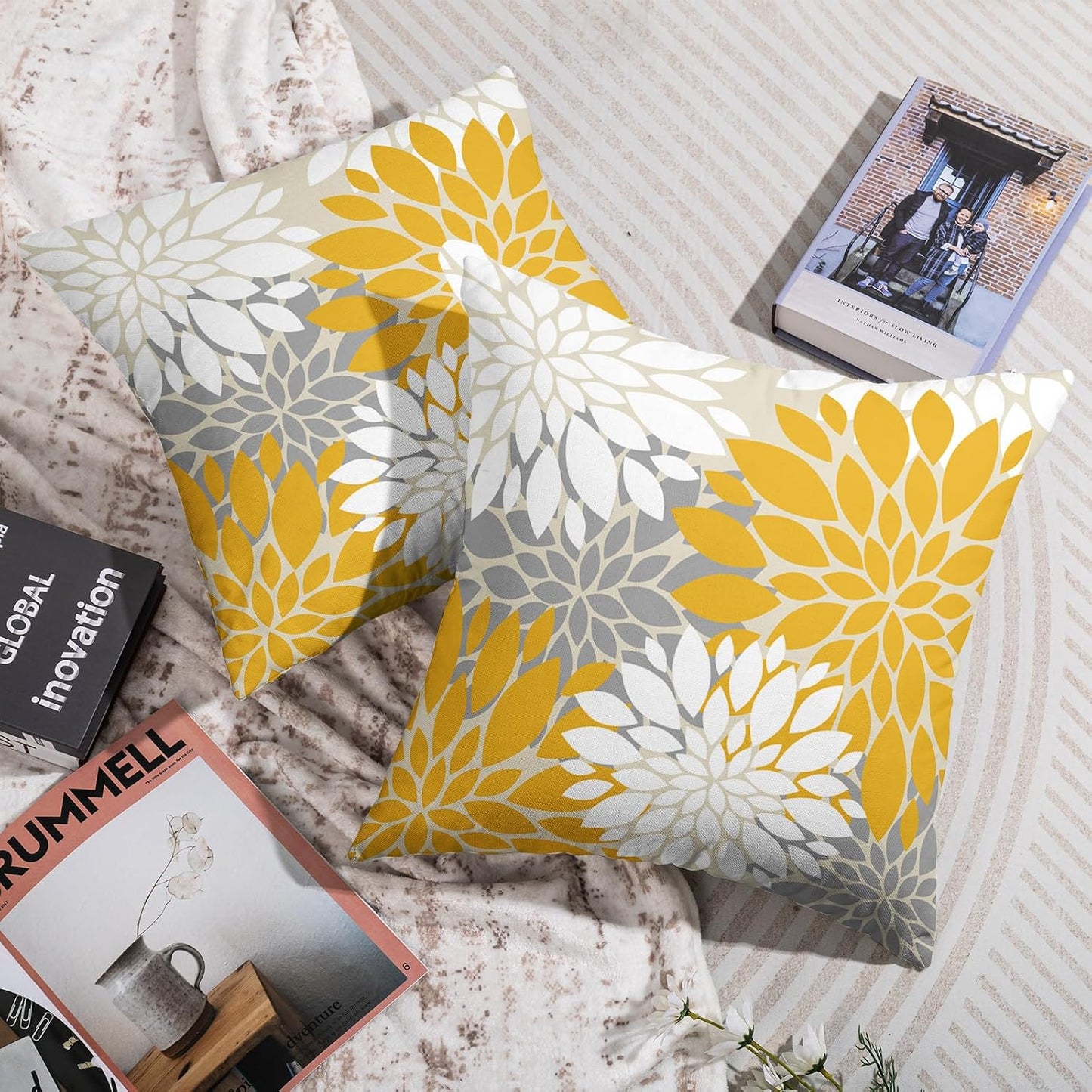 Yellow White Grey Gray Pillow Covers 18X18 Inch Set of 2, Modern Geometry Dahlia Floral Print Decorative Throw Pillow Covers Outdoor Farmhouse Cushion Case for Home Couch Sofa Bed Decoration