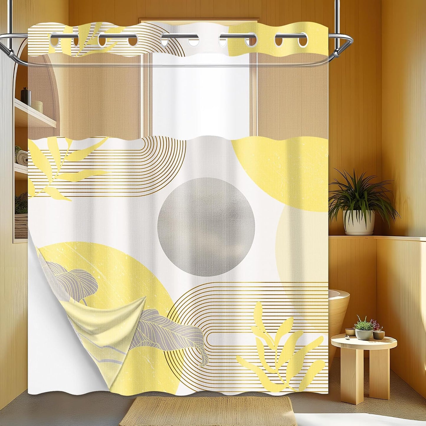 Mustard Yellow and Grey Hookless Shower Curtain with Snap in Liner, Yellow and White No Hook Double Layer Shower Curtain and Liner Set, Waterproof Cloth Fabric, 71" W x 86" L (Pack of 1)