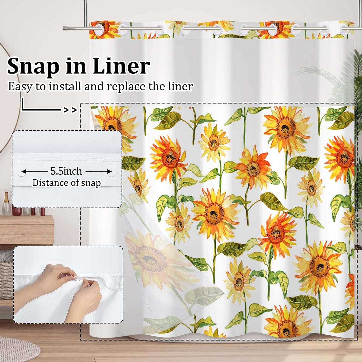 No Hook Shower Curtain with Snap in Liner Set Rustic Vintage Sunflower Bath Curtain Double Layers Waterproof Washable Fabric with See Through Mesh Top Window for Bathroom Hotel 71x74 Inch
