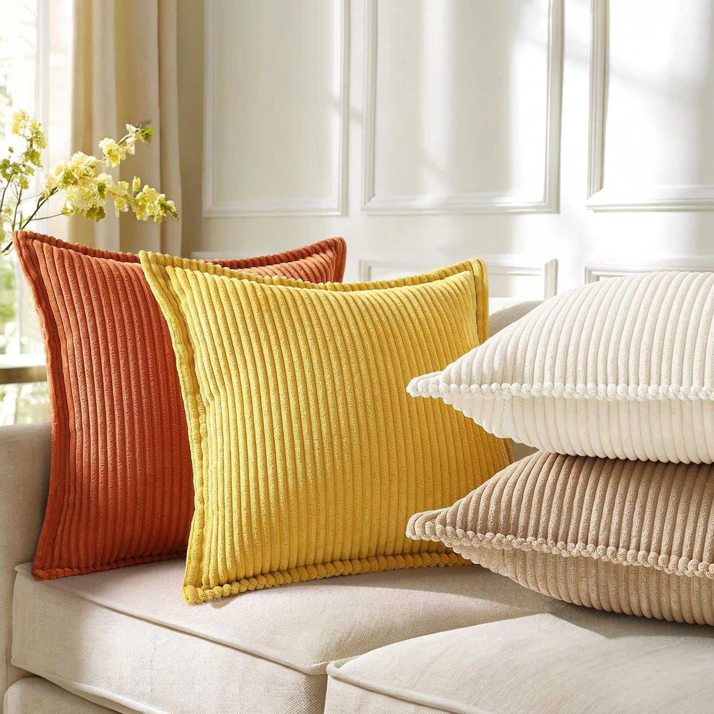 decorUhome Fall Corduroy Mustard Yellow Euro Sham Throw Pillow Covers 22x22 Set of 2 Decorative Soft Boho Farmhouse Couch Pillow Covers for Living Room Bed Sofa Broadside Striped Pillow Cases