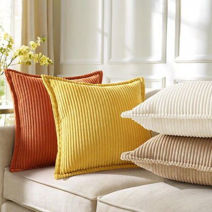 decorUhome Fall Corduroy Mustard Yellow Euro Sham Throw Pillow Covers 22x22 Set of 2 Decorative Soft Boho Farmhouse Couch Pillow Covers for Living Room Bed Sofa Broadside Striped Pillow Cases