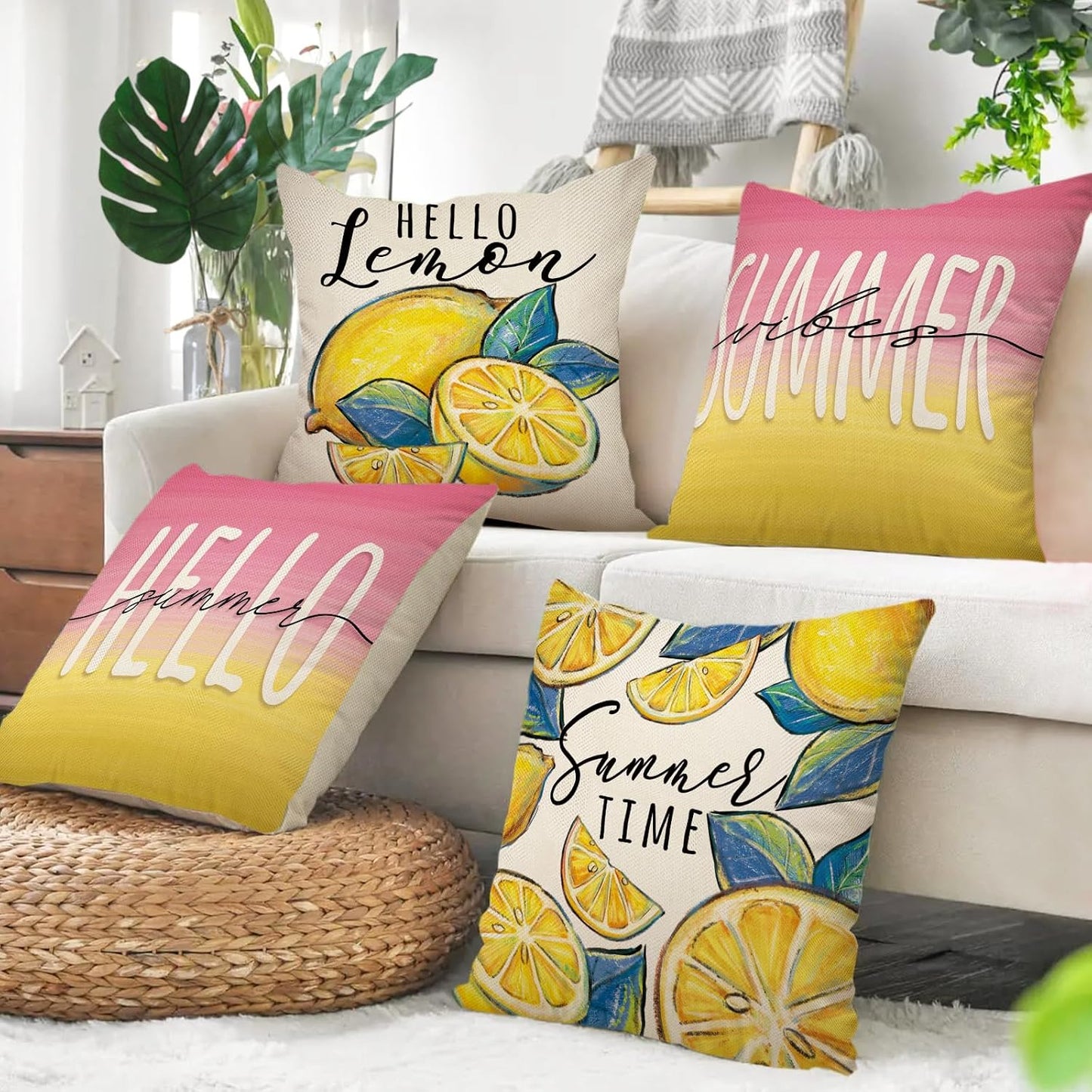 Hello Summer Lemon Decorative Throw Pillow Covers 18 x 18 Set of 4, Summer Vibes Fruit Pink Yellow Cushion Case Decor, Seasonal Home Decoration for Sofa Couch