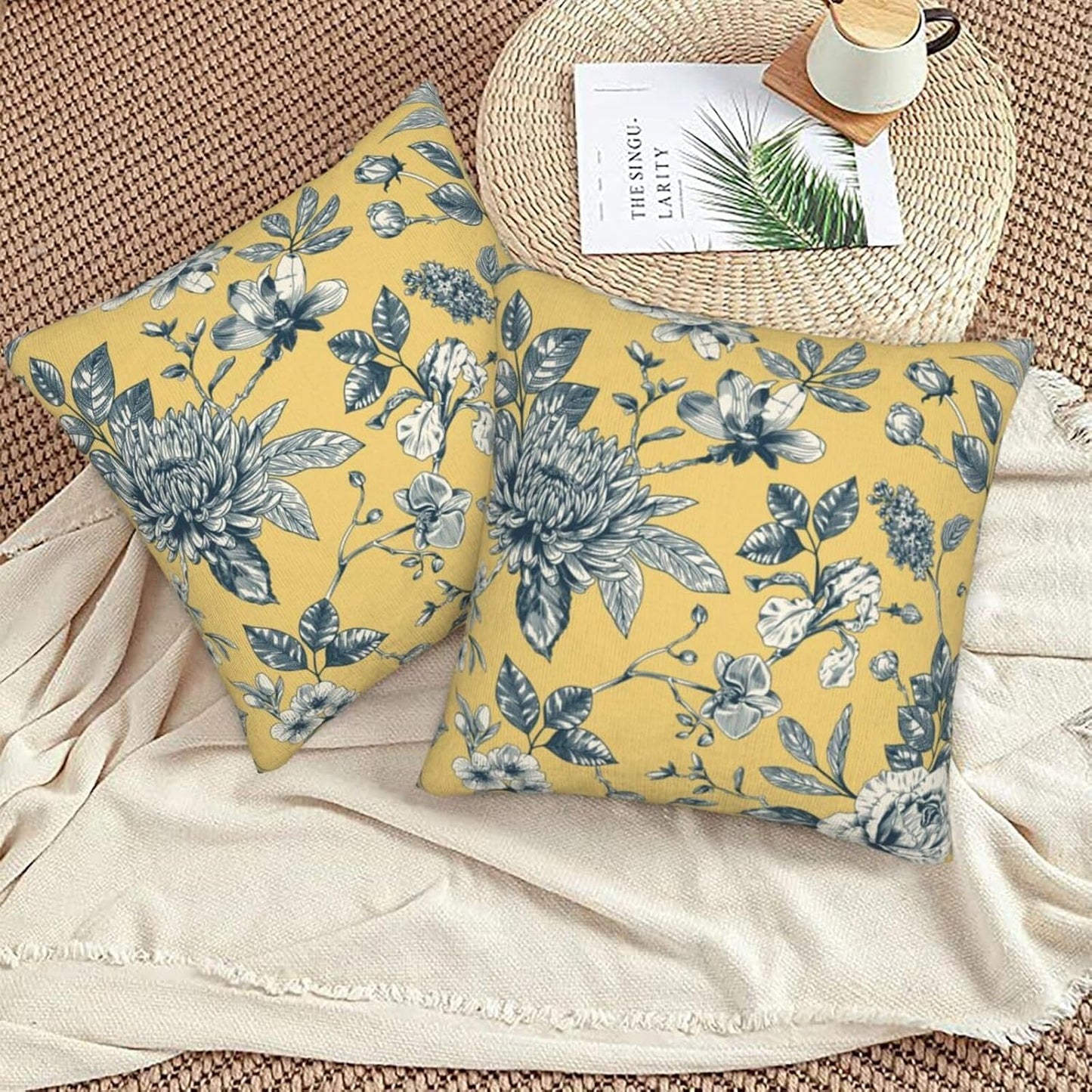 Floral Toile Throw Pillow Covers 18x18 inch Set of 2 Yellow Chinoiserie Flowers Pillow Cases French Country Spring Decorative Cushion Covers for Sofa Couch