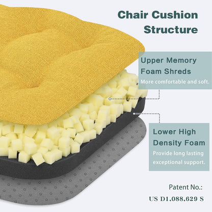 baibu Set of 6 Dining Chair Cushions, Dual-Layer Patent Design Memory Foam Kitchen Chair Cushions, Non-Slip Seat Pads with Ties, 16.5 x 16.5 x 3.5in, 6 Pack, Yellow