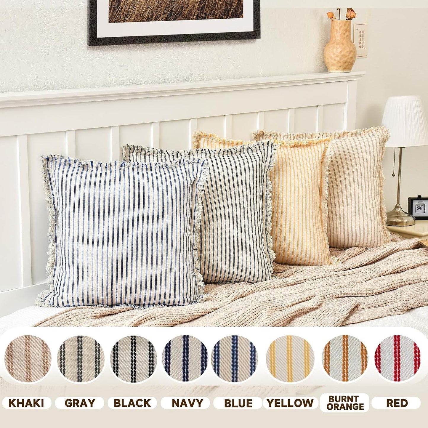 ZWJD Throw Pillow Covers 22x22 Set of 2 Striped Pillow Covers with Fringe Chic Cotton Decorative Pillows Square Cushion Covers for Sofa Couch Bed Living Room Farmhouse Decor, (Yellow)