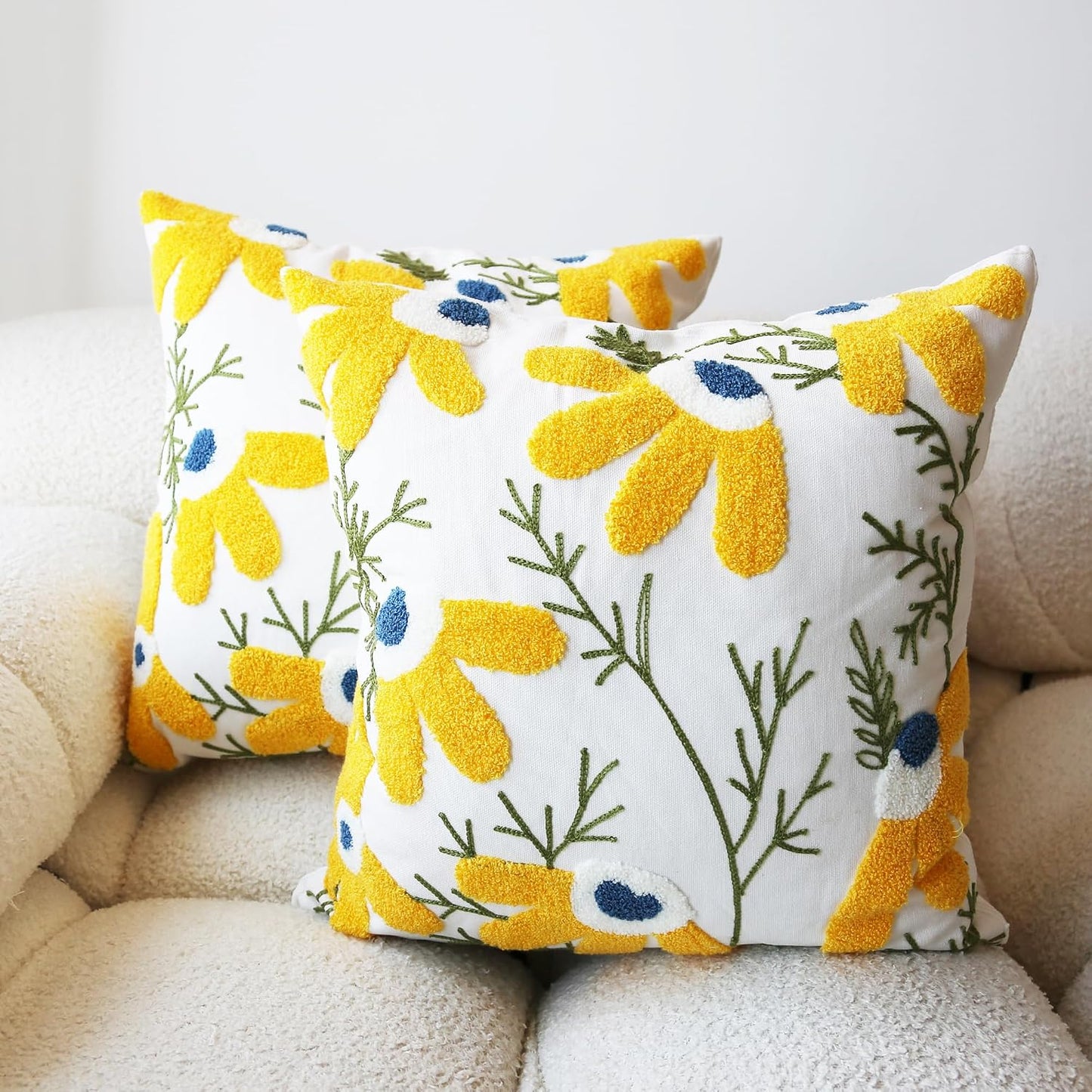 Embroidered Throw Pillow Cover Boho Beige Yellow 2PCS Pillow Covers for Couch Sofa Cotton Linen Daisy Floral Bohemian Pillow Covers 3D Big Flowers Botanical Pillowcase Covers 18x18 Inch