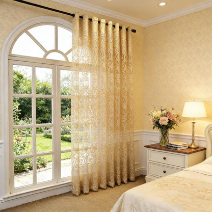 European Style Sheer Curtain - Grommet Top Luxury Window Screening for Living Room, Bedroom, Balcony - Hollow Semi-Shading Voile, Simple Modern Drape