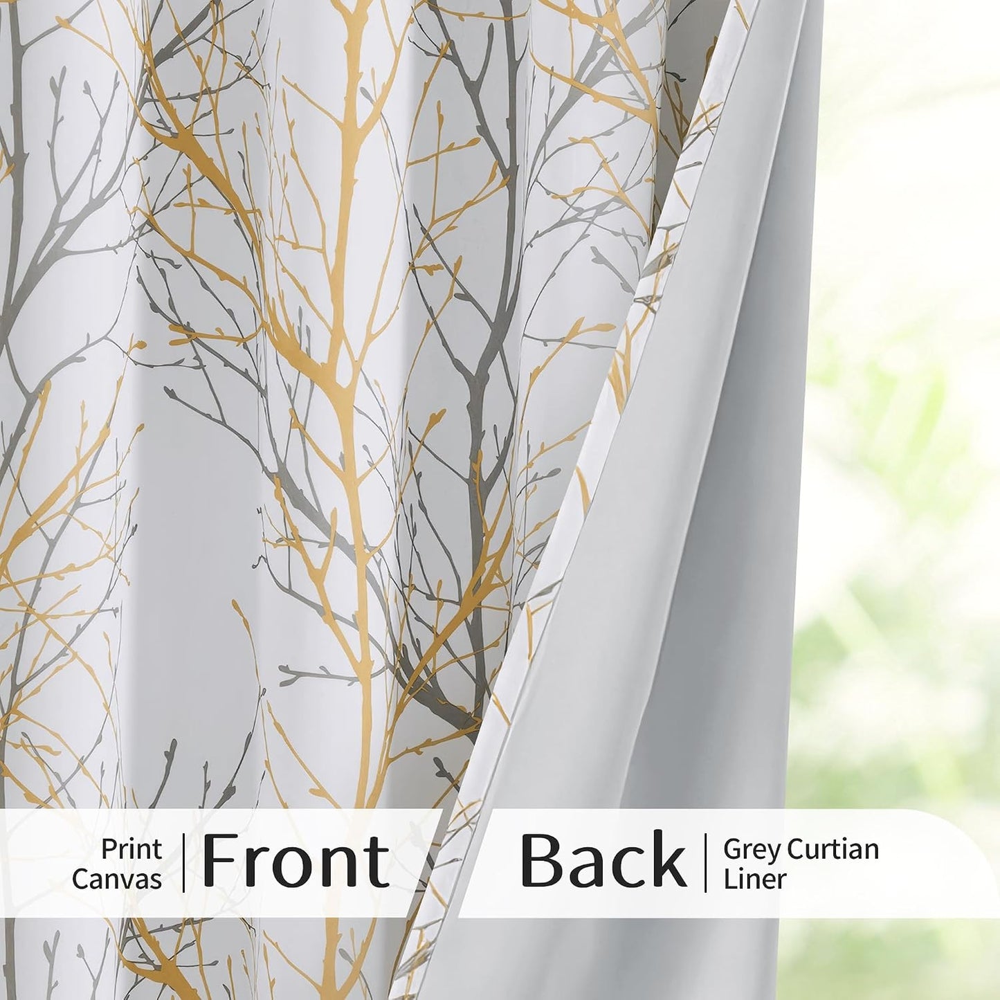 FMFUNCTEX 100% Blackout Curtains Yellow White Tree Liner Curtains for Bedroom, Branch Partterned Curtains 63 inch Length for Living Room, Room Darkening Thermal Insulated Drapes, Grommet Top 2 Panels