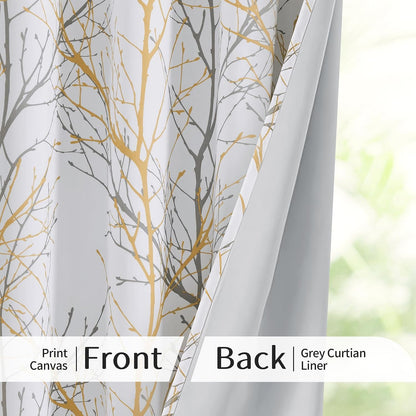 FMFUNCTEX 100% Blackout Curtains Yellow White Tree Liner Curtains for Bedroom, Branch Partterned Curtains 63 inch Length for Living Room, Room Darkening Thermal Insulated Drapes, Grommet Top 2 Panels