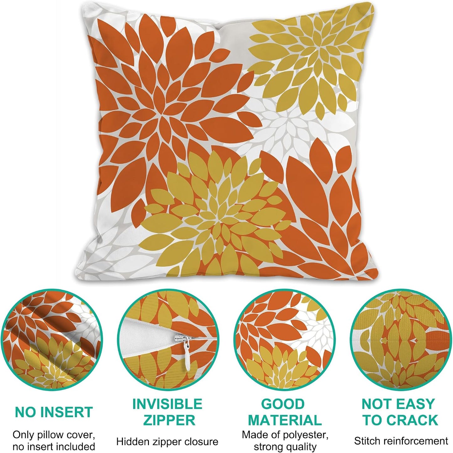 Floral Throw Pillow Covers Bohemian Dahlia Flowers Geometry Graph Modern Soft Cozy Decor Bed Living Room Sofa Rustic Farmhouse Pillow Case Set of 2 Orange Yellow White,18x18 Inch