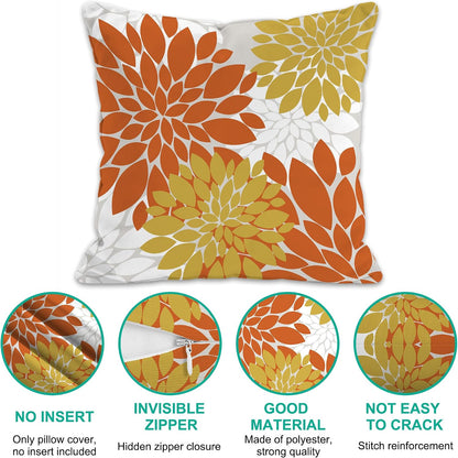 Floral Throw Pillow Covers Bohemian Dahlia Flowers Geometry Graph Modern Soft Cozy Decor Bed Living Room Sofa Rustic Farmhouse Pillow Case Set of 2 Orange Yellow White,18x18 Inch