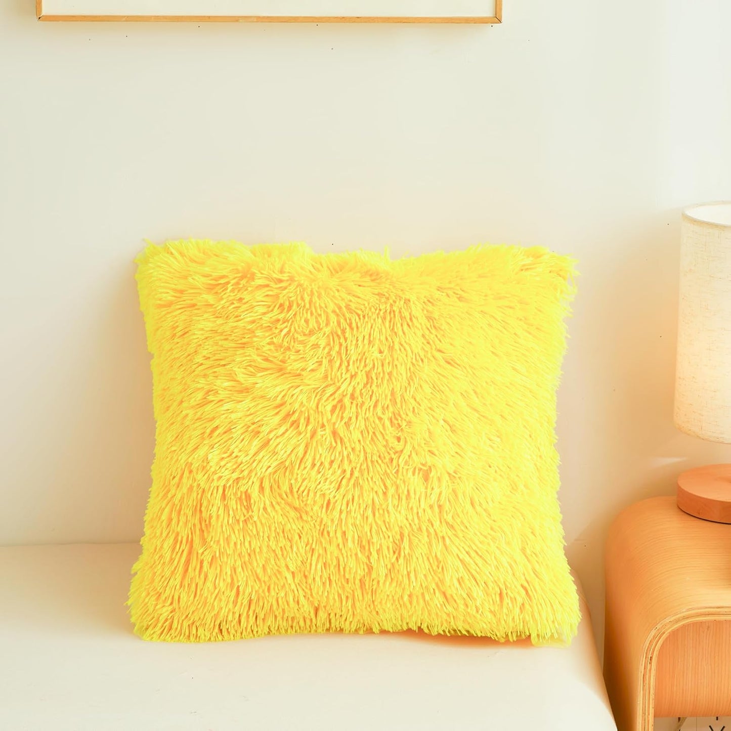 Plush Yellow Throw Pillow Cases Ultra Soft Fuzzy Fluffy Throw Pillow Covers with Furry Texture and Shaggy Touch, Faux Fur Cushion Shams for Sofa or Bed, Set of 2 with Zipper 18"x18"