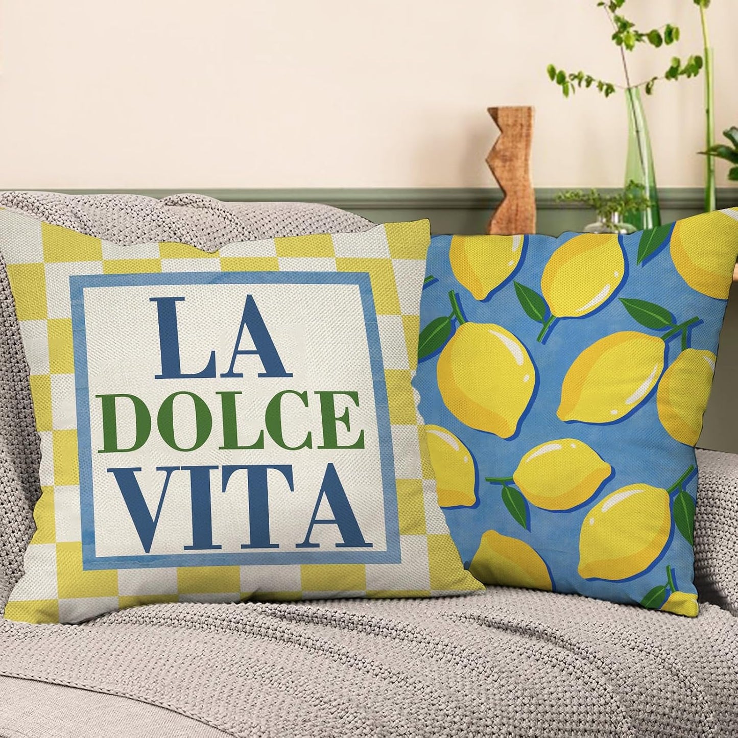 Lemon Theme Decorative Throw Pillow Covers 18 x 18 Set of 4, Italy La Dolce Vita Citrus Fruit Yellow Blue Plaid Stripes Porch Outdoor Home Decor, Summer Mediterranean Sofa Couch Cushion Case