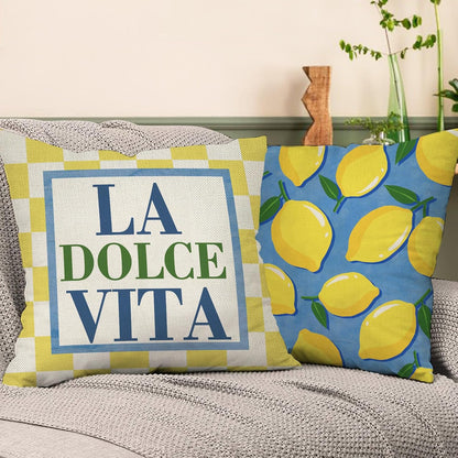 Lemon Theme Decorative Throw Pillow Covers 18 x 18 Set of 4, Italy La Dolce Vita Citrus Fruit Yellow Blue Plaid Stripes Porch Outdoor Home Decor, Summer Mediterranean Sofa Couch Cushion Case