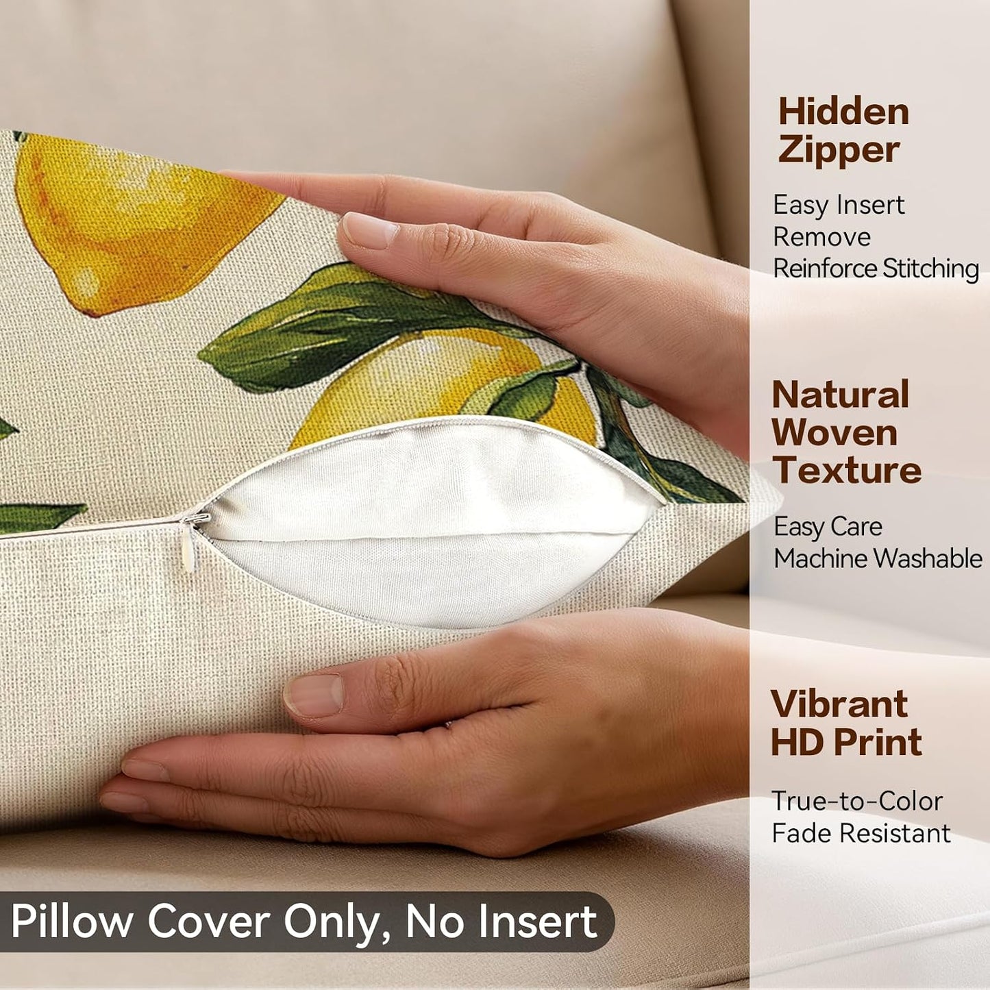 Summer Lemon Throw Pillow Covers, 18X18 inch Set of 4 Square Modern Outdoor Pillow Cases Decorative Cushion Covers, for Home Couch Sofa Car Decor