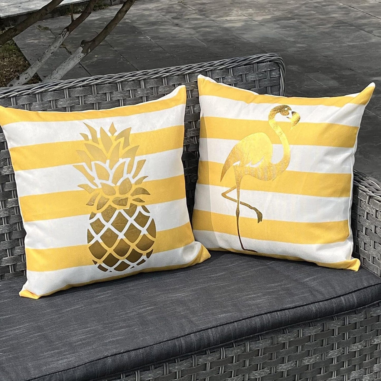 ONWAY Hello Summer Pillow Covers Waterproof 18x18 Set of 4 for Summer Decorations Yellow Stripe Gold Cushion Cases Tropical Pineapple Flamingo Throw Pillows for Couch Patio Furniture