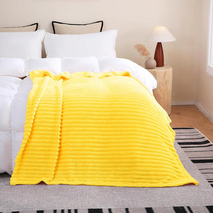 Bright Yellow Fleece Throw Blanket 50”×60” for Couch Sofa Bed,Super Soft Cozy Plush Microfiber Flannel Blanket with Stripes Design Lightweight for Adults,Woman