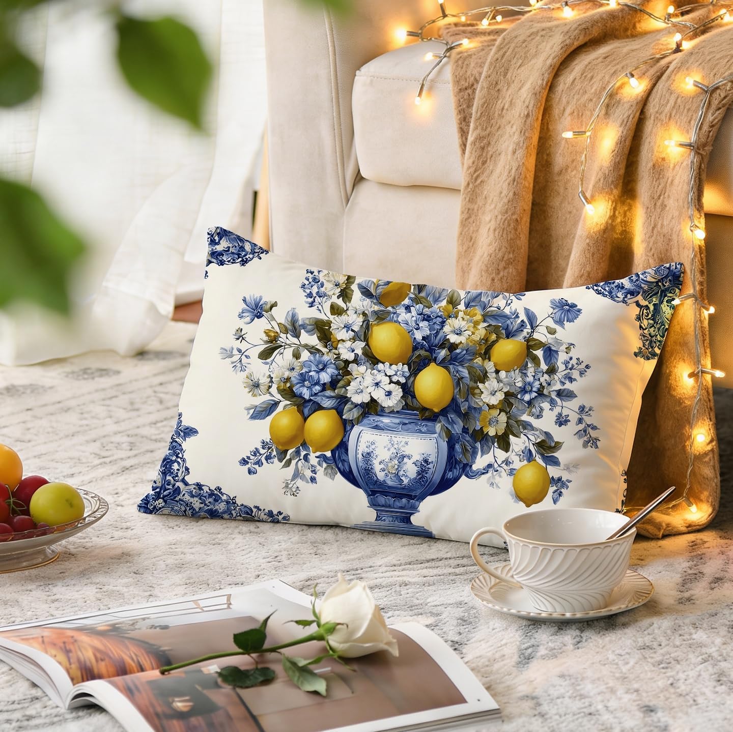 Mediterranean Lemon Lumbar Pillow Cover 12x20, Italian Home Decor, Yellow and Blue Amalfi Coast Floral Lemon Decorative Throw Pillow Cover Case for Couch Bed Home Room Bedroom