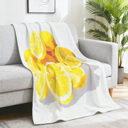 Classic Yellow Fluffy Blanket for Couch Sofa Bed, Oil Painting Lemon Fruit Printed Fleece Warm Throw Blanket, Cozy & Comfy Bedroom Living Room Blankets for All Seasons 90 x 90 Inches