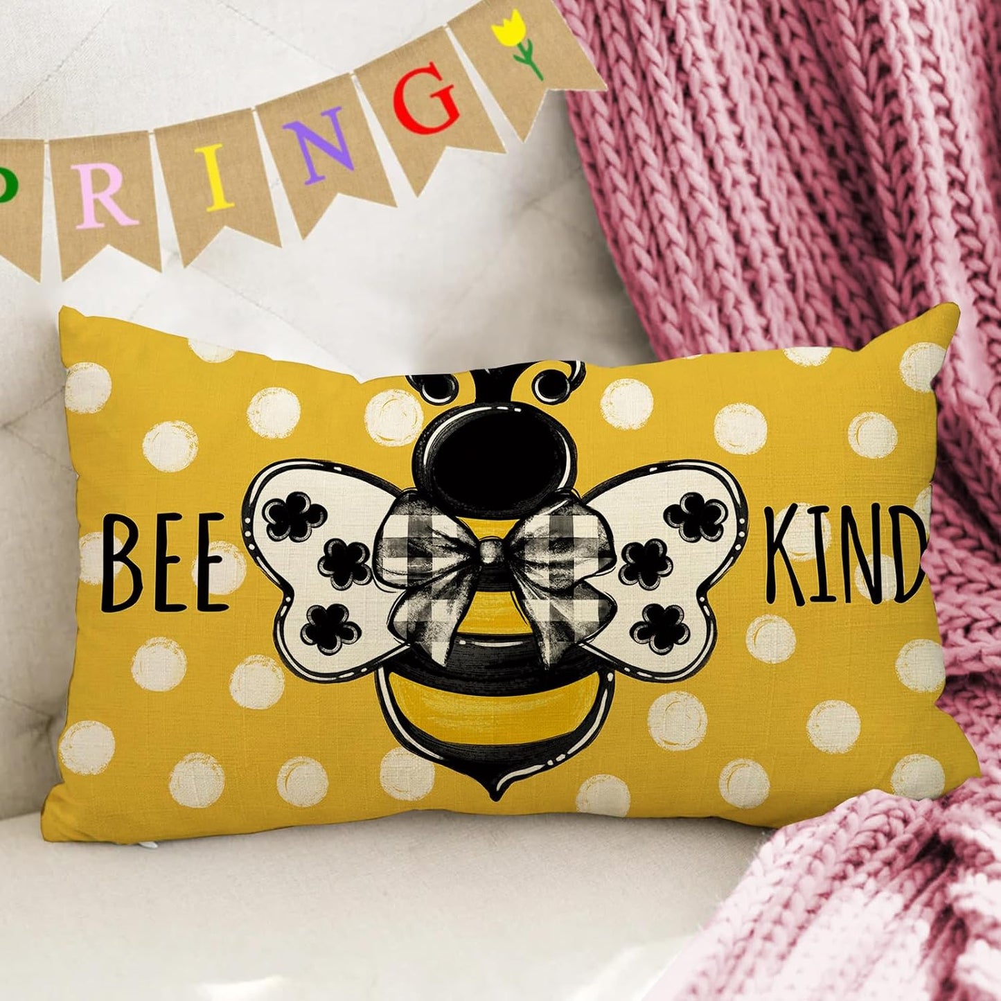 Fahrendom Spring Honey Bee Kind Lumbar Decorative Rectangle Pillow Cover 12 x 20, Summer Bumble Bee Yellow Porch Patio Outdoor Pillowcase, Polka Dots Seasonal Sofa Couch Cushion Case Home Decor