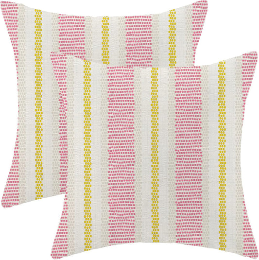 Hot Pink Yellow Summer Outdoor Pillow Covers 18 x 18 Inch,Boho Polka Dots Striped Decor Throw Pillows for Couch Bed,Geometric Modern Farmhouse Decorative Pillowcase Linen Cushion Cover Set of 2