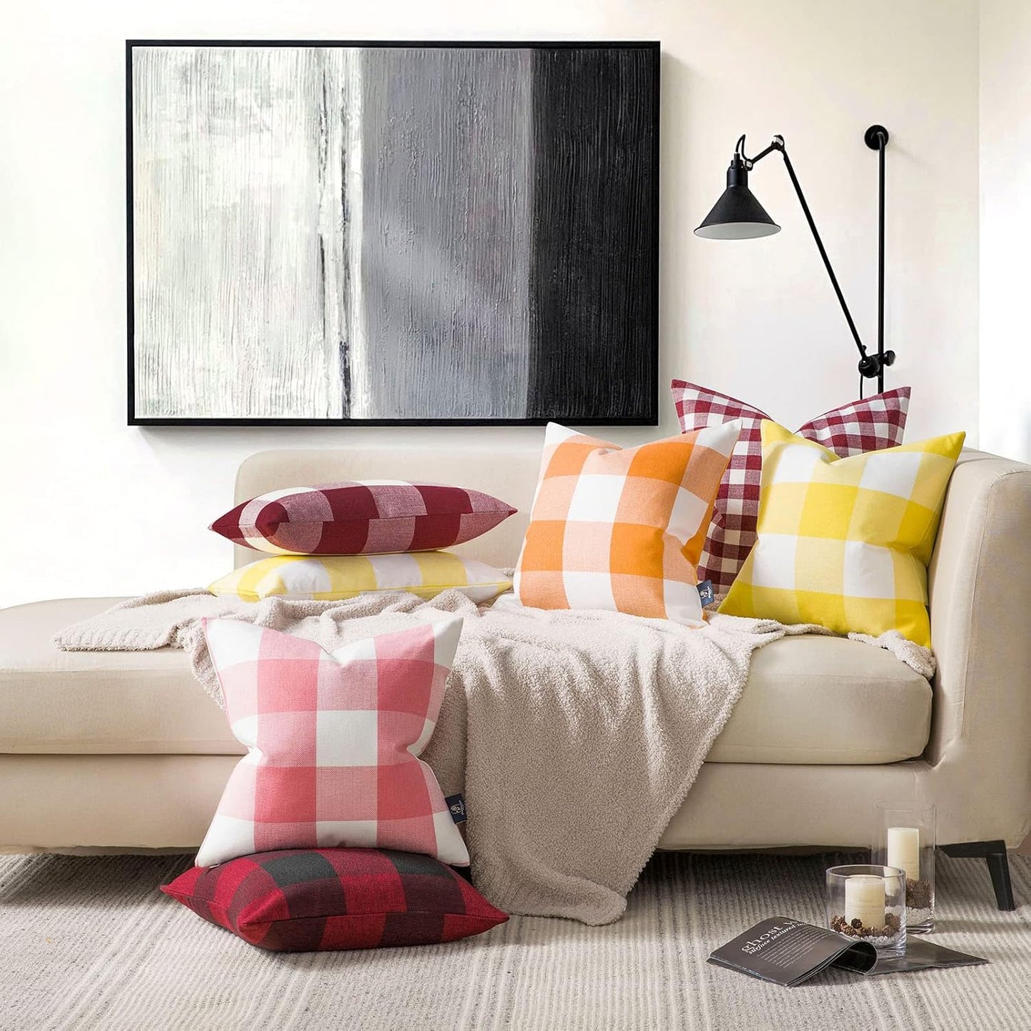 Phantoscope Pack of 2 Gingham Buffalo Check Plaid Throw Decorative Pillow Cover Outdoor Indoor Throw Pillows Farmhouse Square Pillow Cases for Home Decor Yellow,12 x 20 Inches