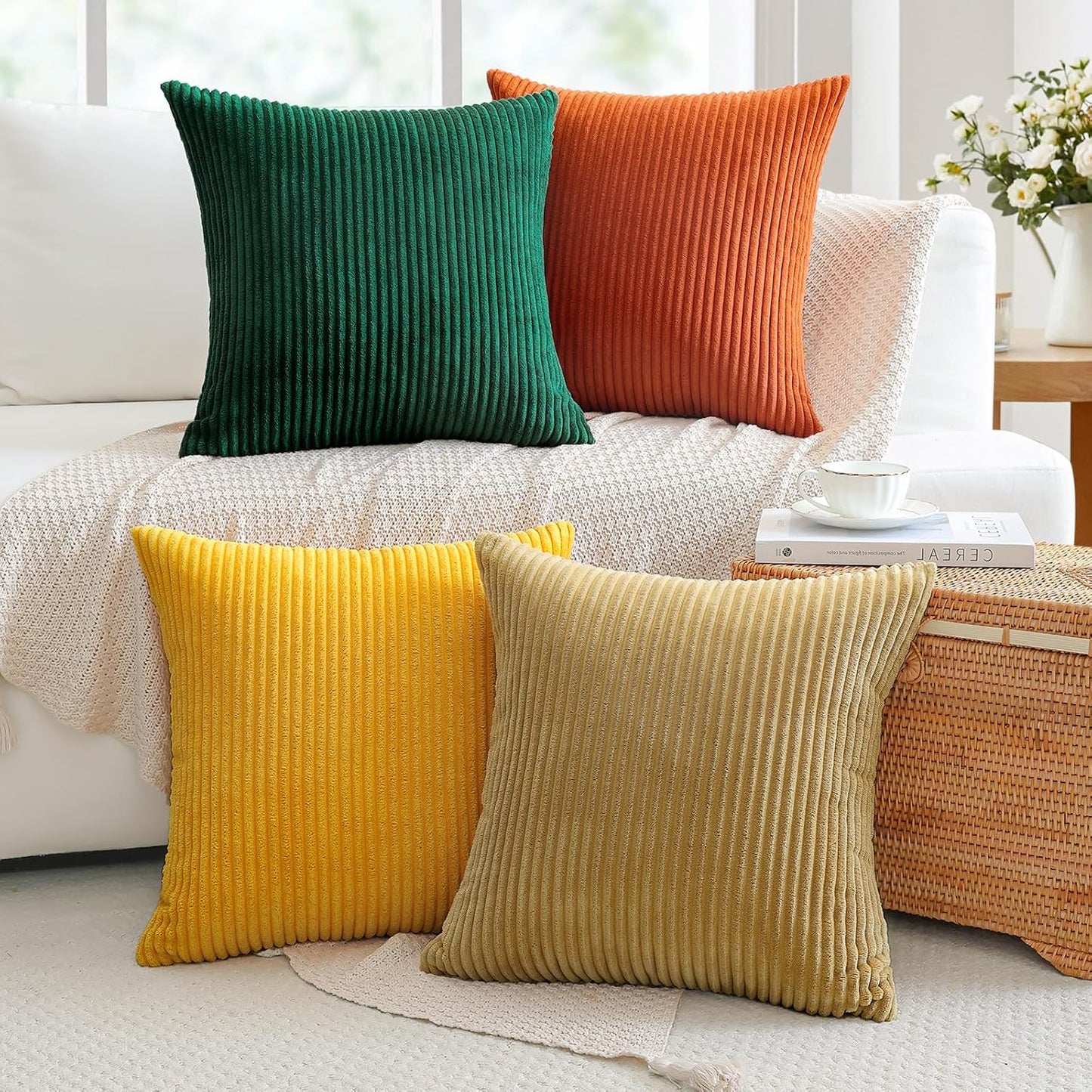 OTOSTAR Set of 4 Modern Decorative Throw Pillow Covers 18x18 Inch Soft Corduroy Boho Farmhouse Cushion Covers Mix and Match Square Pillowcase for Home Couch Bed Decor (Brown Yellow Orange Green)