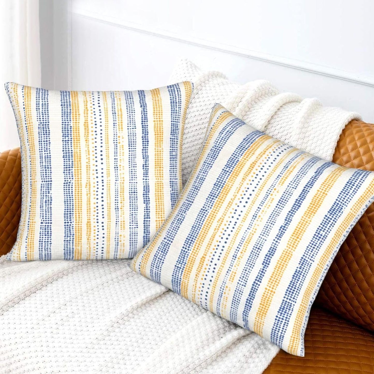 KiuLoam Navy Blue Yellow Dots Striped Throw Pillow Covers 18 x 18 Inch Set of 2 Outdoor Decorative Pillow Cases Farmhouse Cushion Cases for Couch Bed Home Decor
