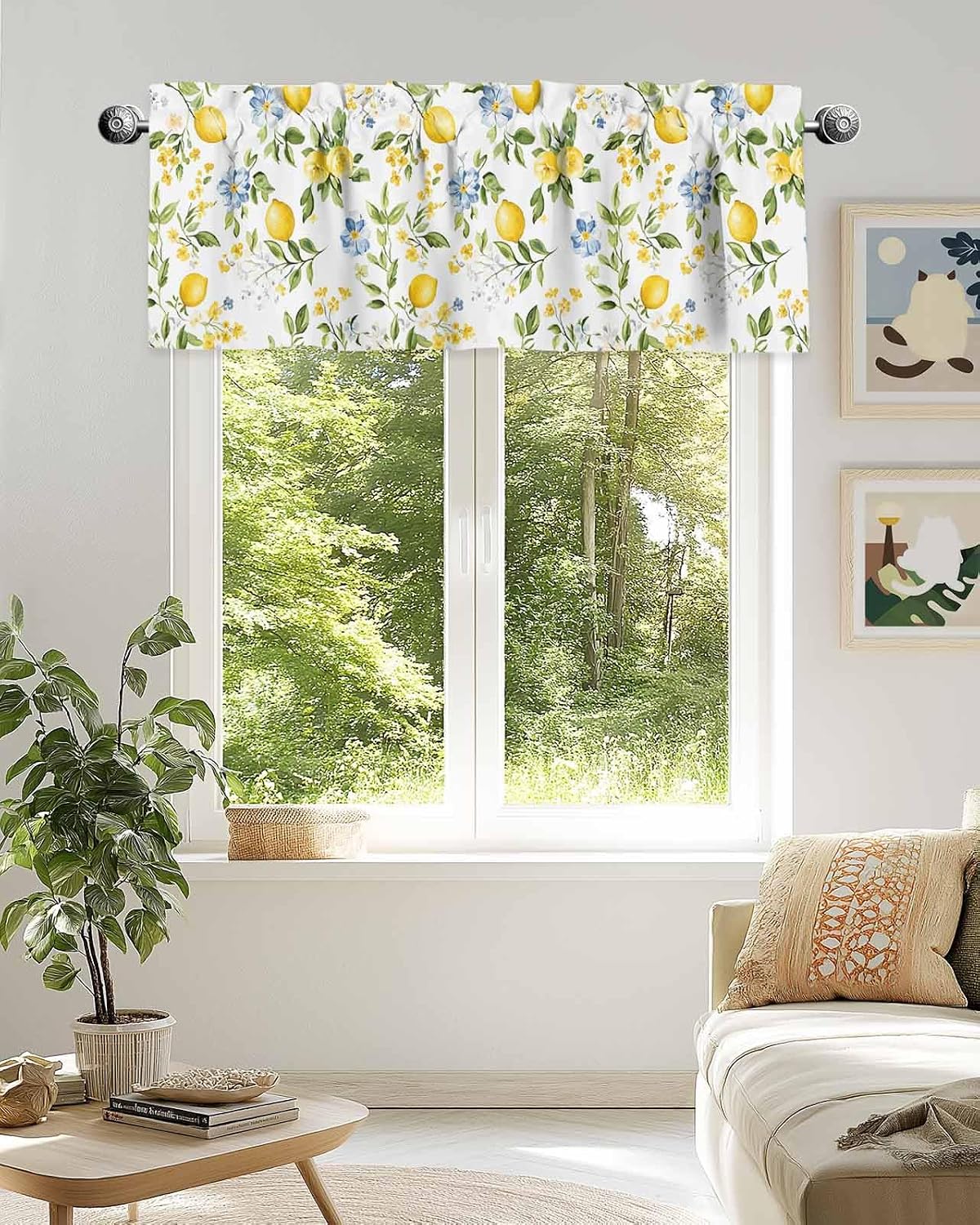 Lemon Valances for Windows/Bedroom/Living Room/Kitchen/Cafe, Blue Yellow Flower Lemon Summer Semi Sheer Small Curtain Valance Rod Pocket Light Filtering Window Treatment, 60" x 18"