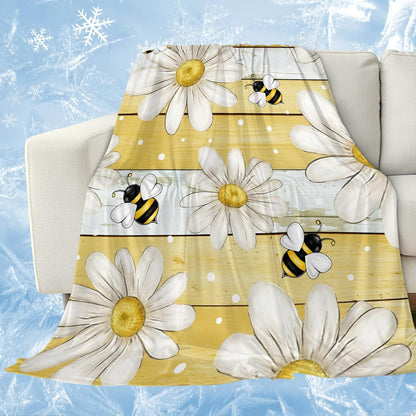 Cooling Blanket for Hot Sleepers, White Daisy Farmhouse Lightweight Breathable Summer Blanket, Garden Floral Bees Yellow Wooden Double-Side Cool Throw Blankets for Sleeping Travel, 40"x60"