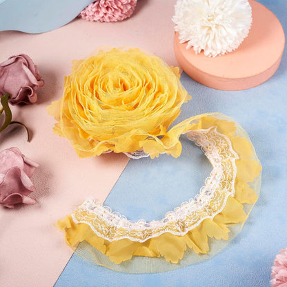 FASHEWELRY Yellow Ruffle Trim 2.2 Yards Organza Lace Trim 2 Inch Pleated Ribbon 2-Layer Fabric Trimming for Sewing Crafts Wedding Bridal Dress Appliques Headdress