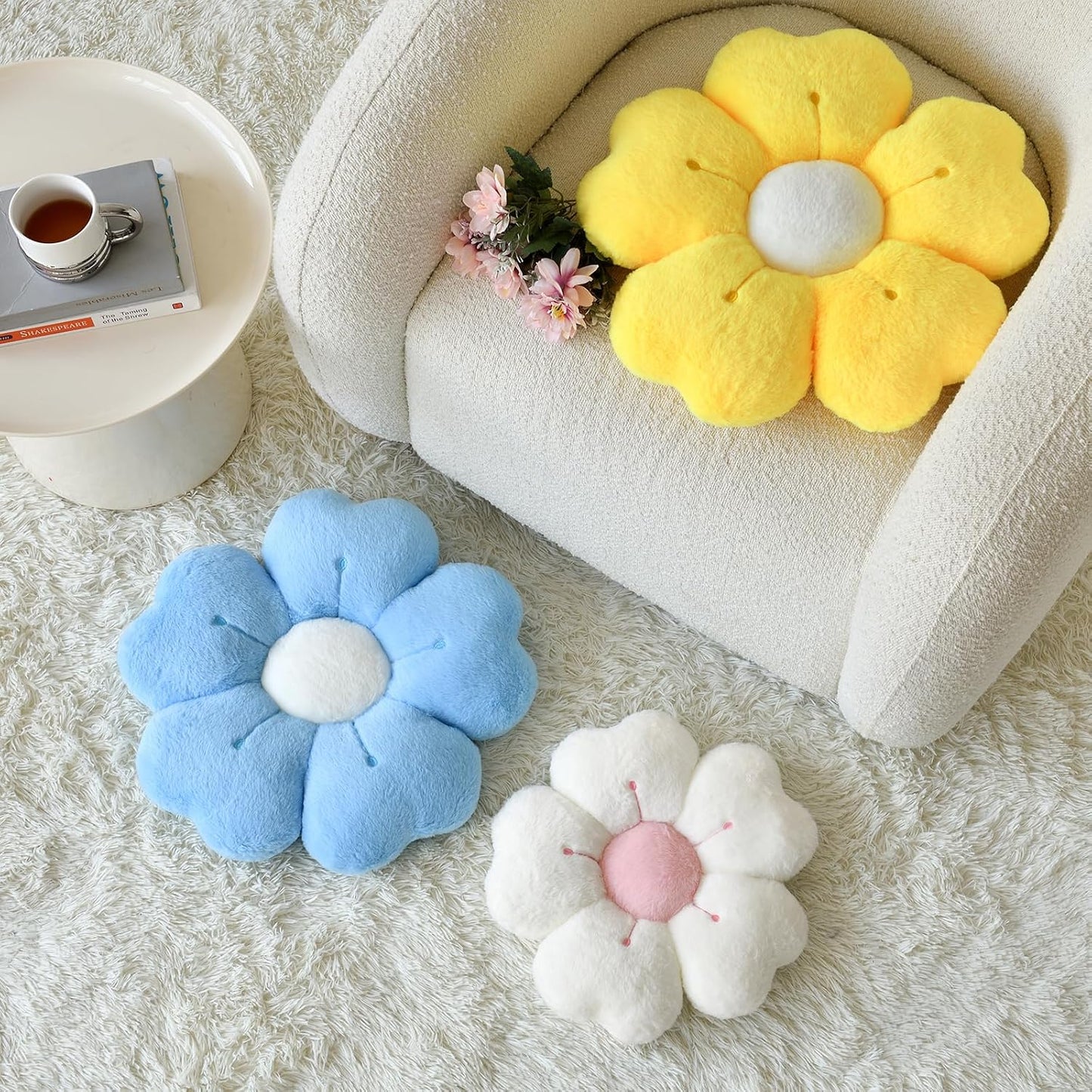 Flower Shaped Pillow, Cute Decorative Throw Pillows with Soft Artificial Rabbit Fur for Couch Bed Chair Floor, Christmas Pillow Seating Cushions with Room Décor for Bedroom (14.9 Inches, Yellow)