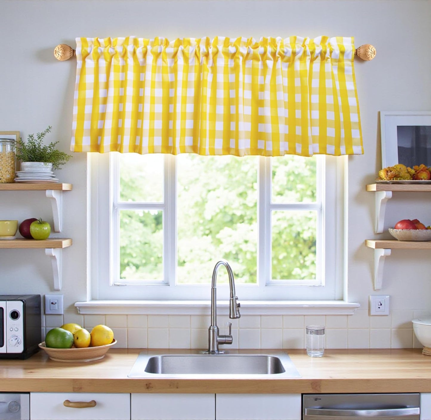 Aiking Home Window Valances - 2-Panels Picnic Checkered Pattern Kitchen Valances with 2.5-inch Rod Pocket for Small Windows, Polyester (56x14 inch, Yellow/White)