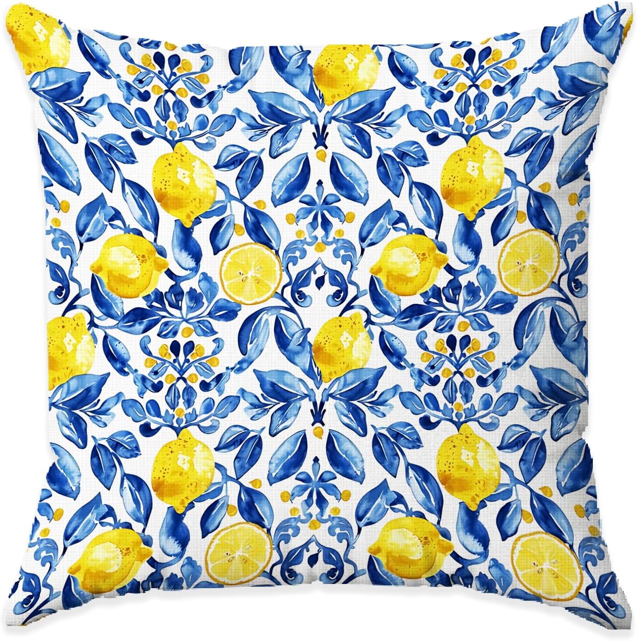 Blue Chinoiserie Lemon Pillow Cover 18x18, Lemon Gifts Decorative Pillow Cover for Couch Bed Living Room Bedroom, Rustic Italian Mediterranean Room Decor