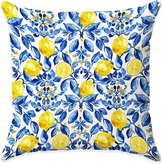 Blue Chinoiserie Lemon Pillow Cover 18x18, Lemon Gifts Decorative Pillow Cover for Couch Bed Living Room Bedroom, Rustic Italian Mediterranean Room Decor