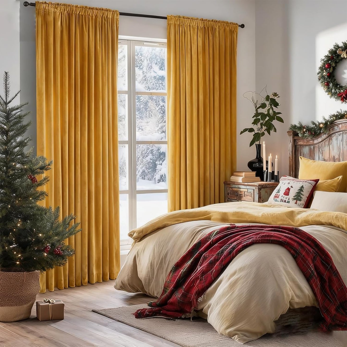 Mustard Yellow Velvet Blackout Curtains for Bedroom,Yellow Velvet Curtains 52"x 84" Inches Curtains Drapes Pocket Back Tab Soft Fabric Curtains Panel for Living Room,2 Panels Set (Yellow)