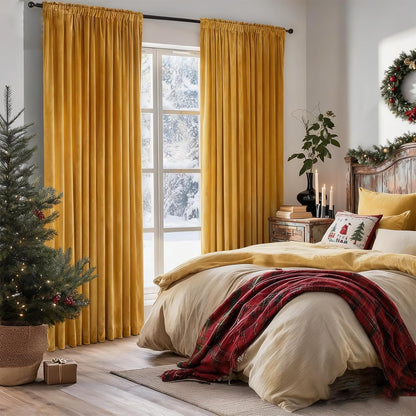 Mustard Yellow Velvet Blackout Curtains for Bedroom,Yellow Velvet Curtains 52"x 84" Inches Curtains Drapes Pocket Back Tab Soft Fabric Curtains Panel for Living Room,2 Panels Set (Yellow)