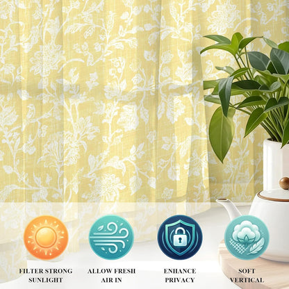 Lemon Yellow Flower Sheer Curtains 39 Inch Long 2 Panels, Pastoral White Plant Petal Leaf Rustic Linen Light Filtering Semi Sheer Drapes Grommet Voile Window Curtain for Living Bedroom W27.9 x L39