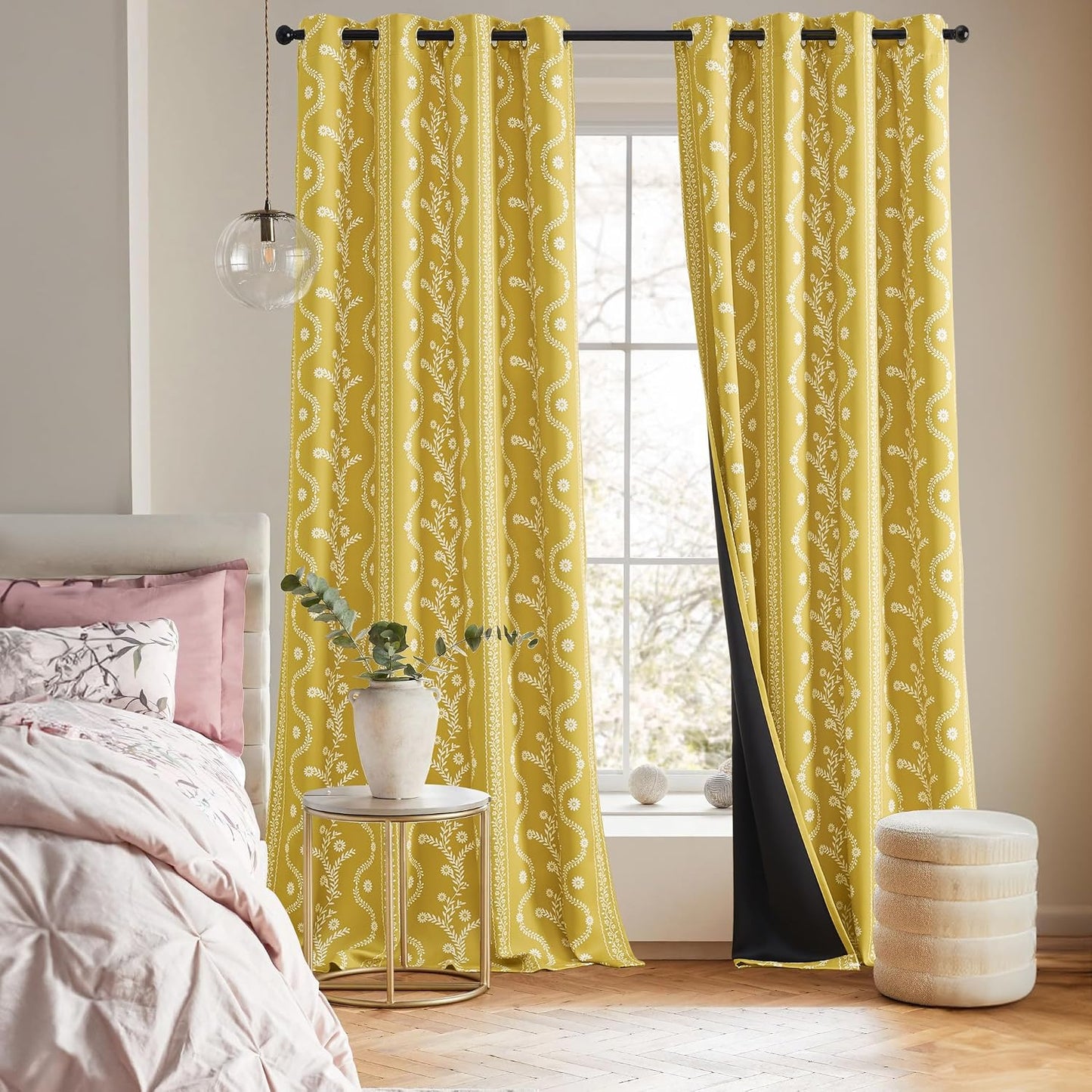 LIMON HOME Mustard Yellow Curtains & Drapes 84 Inches Long 2 Panels for Living Room 100% Blackout Magritte Printed Floral Curtains Yellow