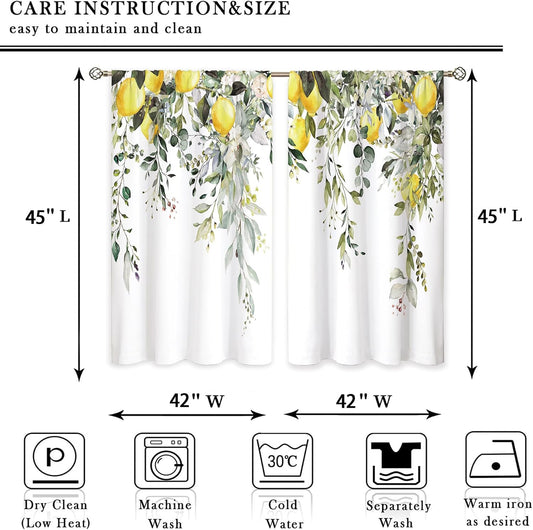 Eucalyptus Botanical Leaves Yellow Lemon Window Curtains Herb Plant Floral Fruit Sage Green Rod Pocket Curtain Drapes Flower Curtains for Bedroom Living Room Treatment 2 Panels 42Wx45H Inch