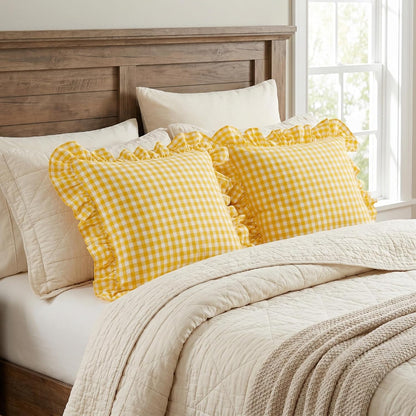 PartyDelight Gingham Throw Pillow Covers Yellow and White Ruffle Plaid Checkered Fall Decorative Farmhouse Euro Pillow Shams 2 Pack for Bed/Sofa Zipper Closure 100% Washed Cotton (18x18Inches)