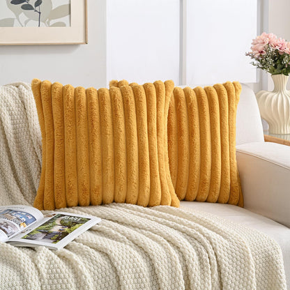 Volcanics Set of 2 Faux Fur Plush Decorative Throw Pillow Covers 18x18 Inches, Striped Cushion Cases Soft Fluffy Accent Pillowcases for Sofa, Couch and Bed, Mustard Yellow
