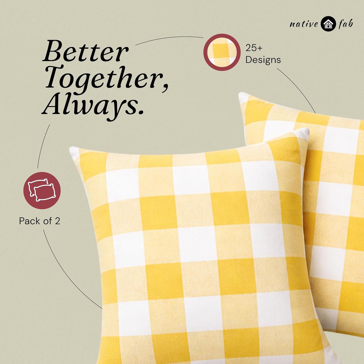 Native Fab Premium Throw Pillow Covers 2 Pack, 18x18 Inches, 100% Cotton, Vibrant Buffalo Plaid, Summer Check Cushion Cases, Bright Farmhouse Accent for Living Room, Outdoor, Lemon Yellow & White