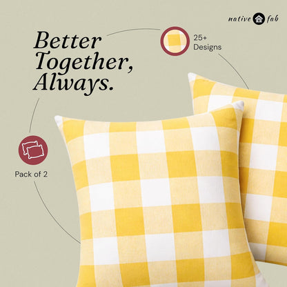Native Fab Premium Throw Pillow Covers 2 Pack, 18x18 Inches, 100% Cotton, Vibrant Buffalo Plaid, Summer Check Cushion Cases, Bright Farmhouse Accent for Living Room, Outdoor, Lemon Yellow & White