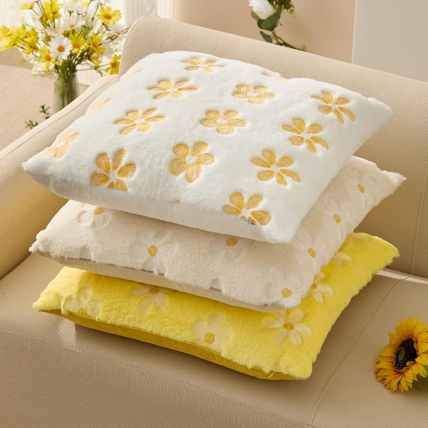 DFXSZ Spring Summer Pillow Covers 20x20 inch Set of 2 Farmhouse Decor Yellow Embroidery Daisy White Soft Plush Faux Fur Jacquard Throw Pillows for Sofa Holiday Spring Home Decor PTK081A20