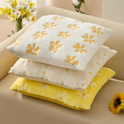 DFXSZ Spring Summer Pillow Covers 18x18 inch Set of 2 Farmhouse Decor Yellow Embroidery Daisy White Soft Plush Faux Fur Jacquard Throw Pillows for Sofa Holiday Spring Home Decor PTK081A18