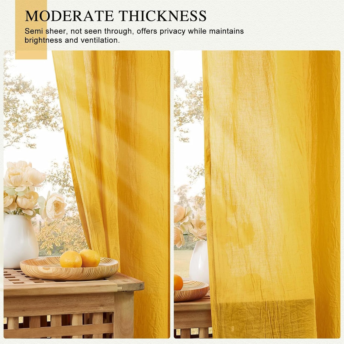 Anpark Elegant Gold Sheer Curtains 84 Inches Long for Living Room, Bedroom Natural Cotton Textured Light Filtering Yellow Semi Sheer Curtains Linen Rod Pocket Voile Drapes, W52 x L84 in, 2 Panels