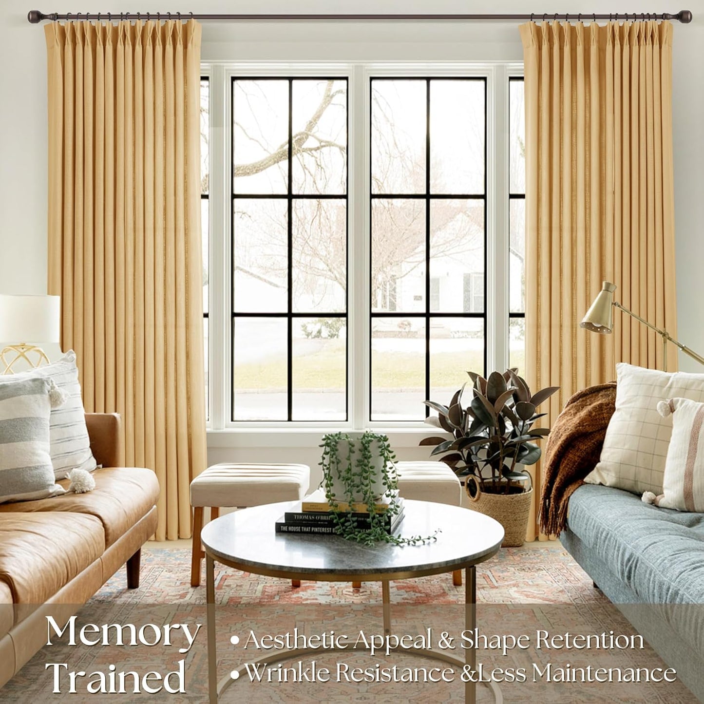 Pinch Pleated Mustard Yellow Linen Curtains 84 inches Long for Living Room 2 Panel Set Light Fitering Semi Sheer Yellow Window Curtain Pleat with Hooks Rustic Farmhouse Bedroom Drapes Length 84"